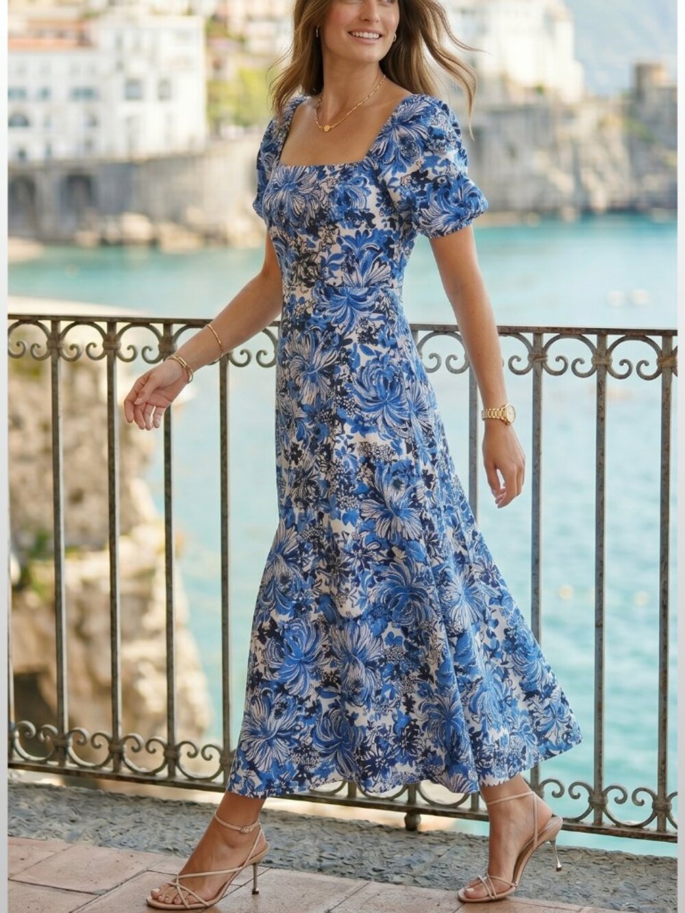Lilly Pulitzer Mylie Blue White Linen Puff Sleeve Maxi Dress S Coastal Resort